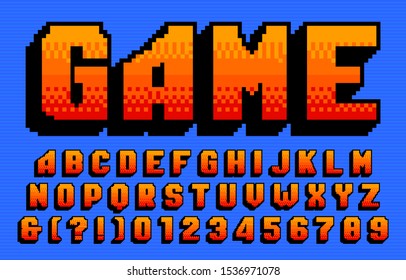 Game Alphabet Font. 3D Pixel Letters And Numbers. 80s Arcade Video Game Typeface.