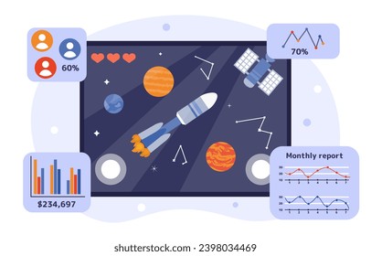 Game Analytics-Konzept. Rakete auf Planeten und Sternbildern. Galaxie und Kosmos, Raum. Entwicklung mobiler Anwendungen. Cartoon-FlachVektorgrafik einzeln auf weißem Hintergrund
