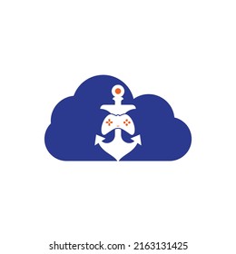 Game anchor cloud shape concept logo template. Joystick and anchor logo. Joystick and anchor icon.