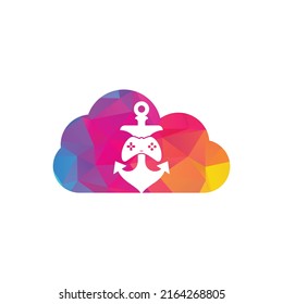 Game anchor cloud shape concept logo template. Joystick and anchor logo. Joystick and anchor icon.