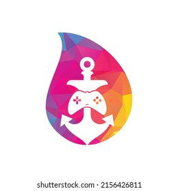 Game anchor drop shape concept logo template. Joystick and anchor logo. Joystick and anchor icon.	