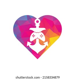 Game anchor heart shape concept logo template. Joystick and anchor logo. Joystick and anchor icon.