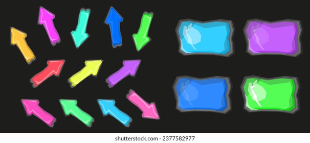 Juego de flechas y botones de aplicación, signos de puntero del cursor y banners en colores de neón para navegación de sitios o juegos, ilustración vectorial aislada.