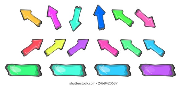 Game and app assets or UI kit of frames and UI buttons. Website or app menu interface graphic elements set, vibrant vector illustration on white background.