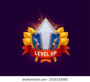 Emblema de prêmio ou ativo de ícone de nível superior do aplicativo de jogo. Símbolo de GUI de prêmio de nível superior, casino ou videogame. Emblema completo da tarefa do arcade com seta de pedra, fita vermelha e folhas douradas