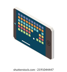 Game app on smartphone 3d isometric icon vector illustration