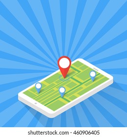 Game Application Concept. Gps Map Navigation with Phone Screen. Vector Illustration.