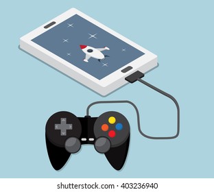 game, application on mobile, smartphone connect with joystick  vector illustration