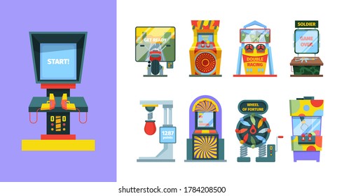 Game Arcade Machine Set. Electronic Gaming Machine With Joysticks Screen Laser Pistol Duel Colorful Entertainment Retro Consoles Stationary Devices Checking Strength Good Luck. Vector Controller.