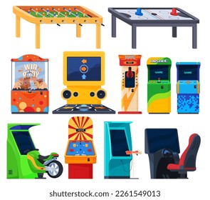 Game arcade machines. Entertainment in shopping centers, children rooms. Spending leisure time having fun on gaming machines. Vector illustration