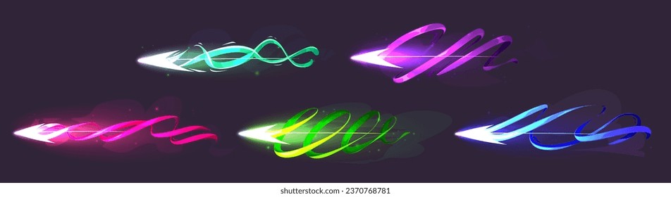 Spielpfeil mit vfx-Bewegung und Glüheffekt. Cartoon, Vektorgrafik-Set von Raketenweg oder Schießen Sternmagie-Spur. Fantastischer Bandlichtweg mit Neonglänzen, Dampf und Staubpartikeln.
