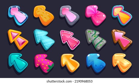 Game arrows asset. Cartoon cursors and pointers interface elements, arrows of different shapes materials and colors sprite collection for game user interface. Illustration of pointer ui graphic