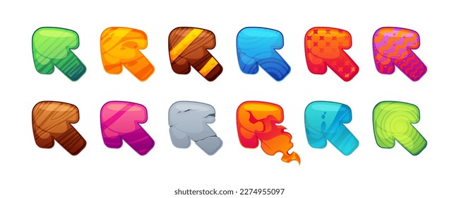Game arrows. Cartoon cursors and pointers for gaming kit asset, cute navigation indicator user interface elements flat style. Vector sprite collection. Wooden, stone pointing objects