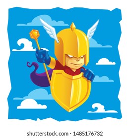 Game art character illustration. Guardian golden helmet flying in the sky with golden scepters and golden shield and purple cloak