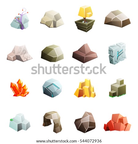 Game art environment low poly rock stone boulder cave cristal rune cartoon isometric 3d flat style icons set vector illustration