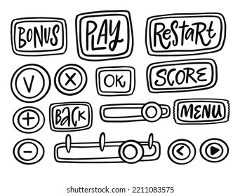 Game art Interface hand drawn black color. Cartoon style. Vector illustration isolated on white background.