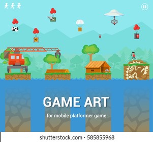 Game art for mobile platformer game, alien invasion on the village