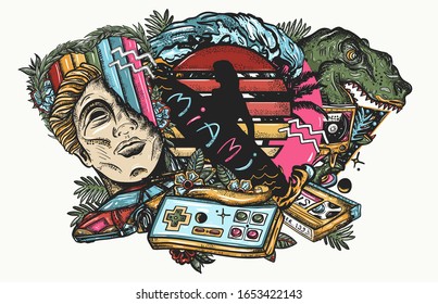 Game Art. Statue Head, Laser Tyrannosaur, Surfing Woman, Audio Cassette And VHS Type. Retro Wave Music Concept. Old School Tattoo. Nostalgic Cyberpunk Style, 80s And 90s Pop Culture 