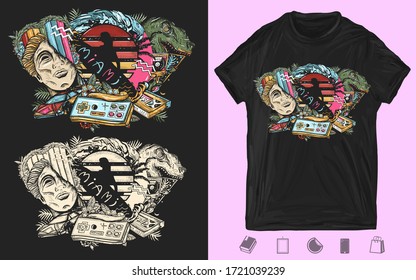 Game art. Statue head, laser tyrannosaur, surfing woman, audio cassette and VHS type. Creative print for dark clothes. Pop culture style. T-shirt design. Template for posters, textiles, apparels