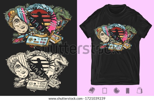 Game art. Statue head, laser tyrannosaur,\
surfing woman, audio cassette and VHS type. Creative print for dark\
clothes. Pop culture style. T-shirt design. Template for posters,\
textiles, apparels