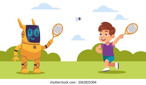 Game with artificial intelligence. Sport tournament. Cartoon boy play tennis with cute robot. Leisure activity. Futuristic cyber and teenager throwing ball. Vector concept