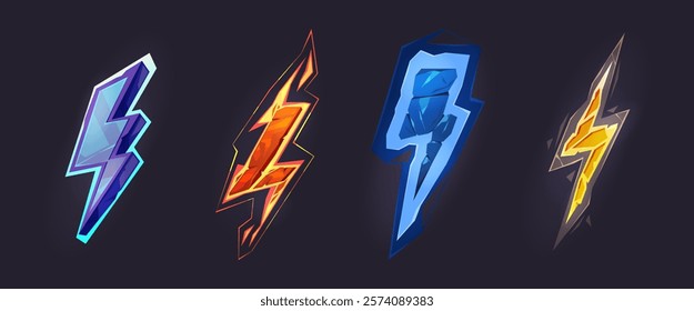 Game asset or anime lightning thunder bolt strike. Vector isolated set of cartoon icons with ice and flame texture. Magical powers or electrical discharge, attack or explosion dynamic motion