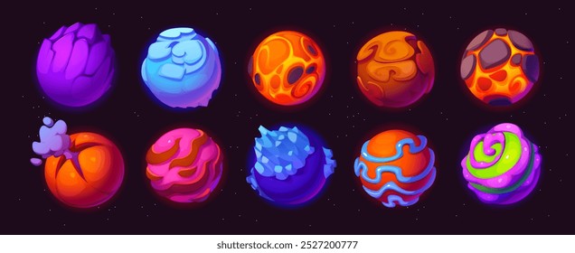 Spielobjekt von Cartoon Fantasie fremde Galaxie Weltraum Planeten. Vektor fantastische Asteroiden gui. Kosmische Weltobjekte mit Rissen, Eis, Wirbel, lebendigem Giftgut, Krater und glühender Lava auf der Oberfläche