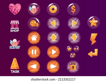 Game asset collection set of icon in bubble user interface button play pause next previous star control purple color