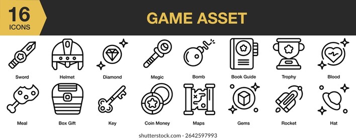 Conjunto de ícones do Game Asset. Inclui jogo, conjunto, interface, ativo, sinal, jogo e muito mais. Contornar coleção de vetores de ícones.