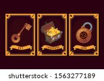 Game asset pack. Fantasy card with magic items. User interface design elements with decorative frame. Cartoon vector illustration. Treasure chest, lock and key