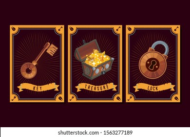 Game asset pack. Fantasy card with magic items. User interface design elements with decorative frame. Cartoon vector illustration. Treasure chest, lock and key