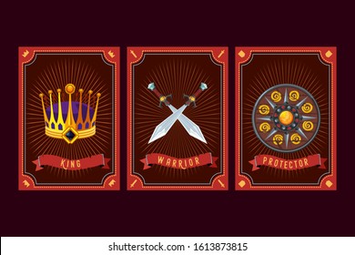 Game Asset Pack. Fantasy Card With Magic Items. User Interface Design Elements With Decorative Frame. Cartoon Vector Illustration. Crown, Sword And Shield.