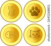 Game asset pack: four gold coins featuring a cat silhouette, a paw print, a fish skeleton, and a cat face.