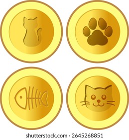 Game asset pack: four gold coins featuring a cat silhouette, a paw print, a fish skeleton, and a cat face.