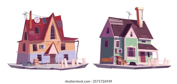 Game asset platform set of abandoned ghetto houses - dilapidated buildings with broken windows, scattered trash boxes and damaged walls. Cartoon architecture elements for poor district environment.