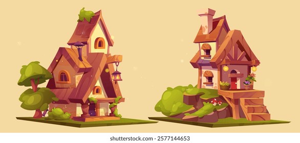 Game asset platform set of fantasy cottage houses - wooden dwellings with glowing lanterns, mushrooms and lush greenery. Whimsical fairytale structures for enchanted forest environment design.