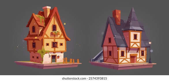 Game asset platform set of suburban cottage houses - timber framed medieval German traditional architecture with stone walls, wooden frames, magical glow particles. Cartoon fantasy village buildings.