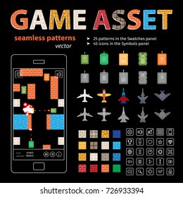 Game asset - sprites and icons. Textures of brick and concrete walls, water, rocks and ground, sprites of tanks and aircrafts