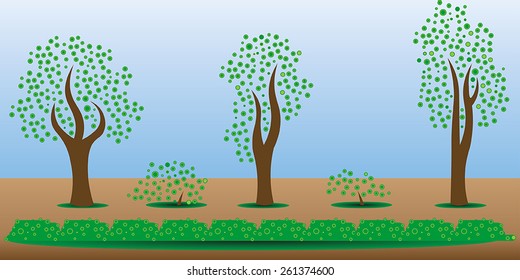 Game asset trees, bushes, grass set 