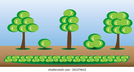 Game asset trees, bushes, grass set 