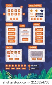 game assets collection set elements graphic window icon of login page dollar time score board start resume skill play