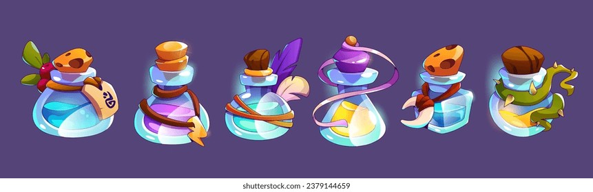 Game assets of glass bottles and flasks with colorful liquid elixir or potion. Cartoon vector set of vials with magic water, corks and tags. Fantasy apothecary chemistry bulbs with poison and antidote