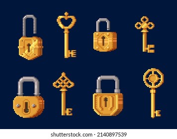 Game assets of golden keys and padlocks, pixel art 8bit door lock and key vector icons. 8 bit pixel game GUI assets of keys and locks for locker code access, entrance pass or level password unlock