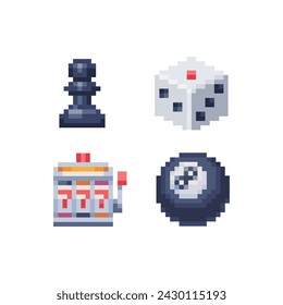 Conjunto de iconos de estilo de arte de píxel, emoji. Sprite de 8 bits. Diseño para el juego del logotipo, etiqueta engomada, web, aplicación móvil, insignias y parches. Ilustración aislada del vector. 