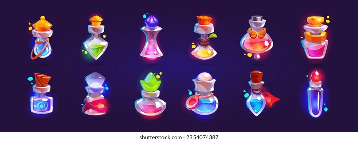 Game assets set of glass bottles with magic potion and elixir. Cartoon vector illustration of flasks with glowing neon colored spells. Wizard or alchemist transparent vials with poison and antidote.