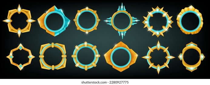 Juego de marcos de avatar de juego, insignia de círculo de la interfaz de usuario, nivel de vector arriba premio de clasificación de ronda de RPG medieval, joyas. Anillos de cristal 3D de fantasía, kit de activos de recompensa para ganadores, borde circular de metal de interfaz gráfica. Plantilla de marco de juego 
