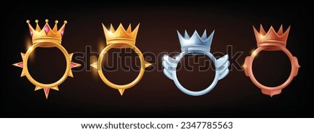 Game avatar frame set, vector UI golden fantasy circle border kit, reward winner round ring, crown. Metal ranking asset collection, RPG menu award user empty rim, victory emblem. Menu avatar frame 