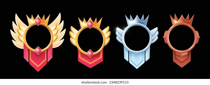 Game avatar frame vector set, UI golden fantasy circle border kit, reward winner round ring, crown. Metal ranking asset collection, RPG menu award user empty rim, victory emblem. Menu avatar frame 