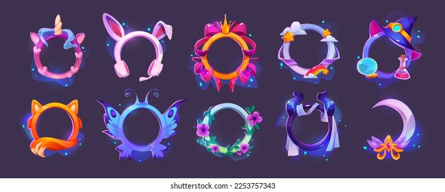 Game avatar frames with fantasy borders with animal ears, tails and wings, devil and unicorn horns, witch hat, royal crown, flowers and moon, vector cartoon set