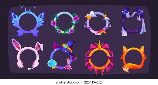 Game avatar frames with fantasy borders with animal ears, tails and wings, bunny and fox, devil horns and butterfly, witch hat, royal crown, flowers and moon, vector cartoon set